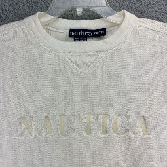Nautica Mens Sweater Size XXL Ivory Heavyweight Spellout Embroidered Banded Hem - Picture 5 of 12